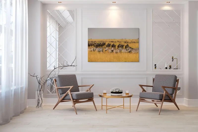 Tablou Canvas, "Migrația turmelor prin savană africană", Zebre, Gnu, Savana, Iarbă, Cer, Migrație, Turmă, Peisaj, Natură, Sălbatic., 150 x 100 cm – poza 7