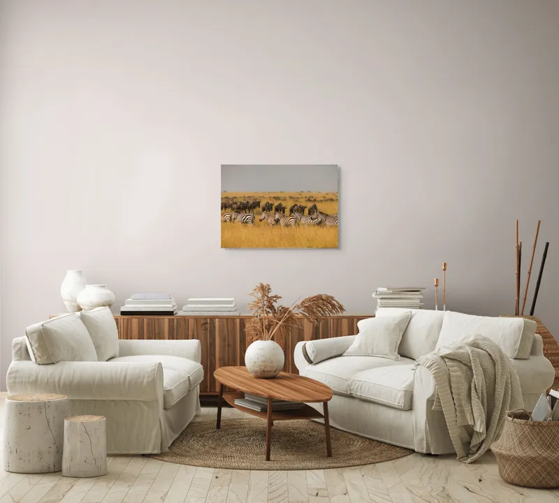 Tablou Canvas, "Migrația turmelor prin savană africană", Zebre, Gnu, Savana, Iarbă, Cer, Migrație, Turmă, Peisaj, Natură, Sălbatic., 70 x 50 cm – poza 6