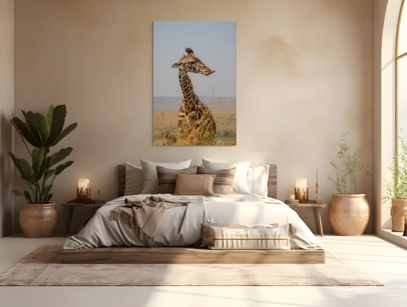 Tablou Canvas, "Ghepardul în splendoarea savanei africane", Girafă, Peisaj, Savannah, Gât Lung, Cer Albastru, Iarbă, Natură, Faună, 100 x 150 cm – poza 3