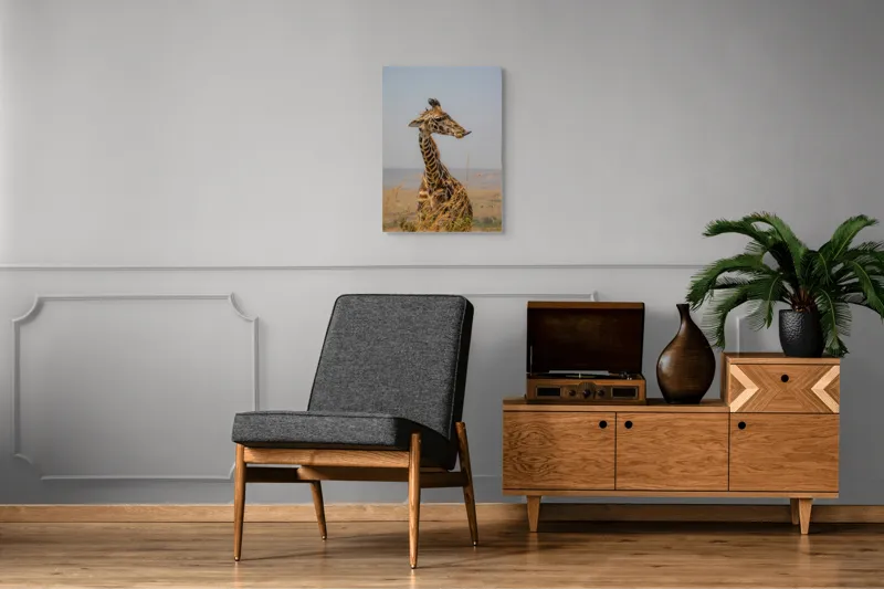 Tablou Canvas, "Ghepardul în splendoarea savanei africane", Girafă, Peisaj, Savannah, Gât Lung, Cer Albastru, Iarbă, Natură, Faună, 50 x 70 cm – poza 8