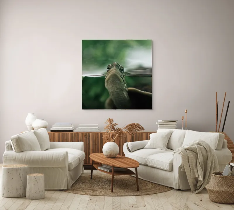 Tablou Canvas, "Privirea curioasă a broaștei țestoase", Achromatic, Curiosity, Serenity, Tranquility, Observation, Nature, Reflection, 100 x 100 cm – poza 3
