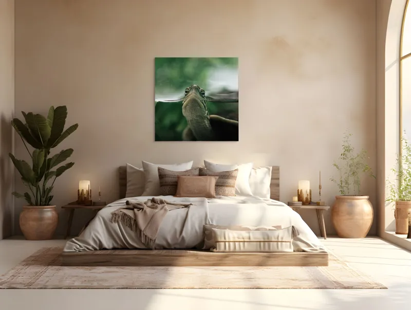 Tablou Canvas, "Privirea curioasă a broaștei țestoase", Achromatic, Curiosity, Serenity, Tranquility, Observation, Nature, Reflection, 100 x 100 cm – poza 4
