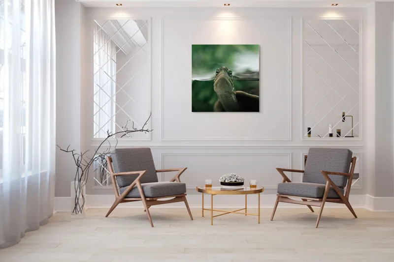 Tablou Canvas, "Privirea curioasă a broaștei țestoase", Achromatic, Curiosity, Serenity, Tranquility, Observation, Nature, Reflection, 100 x 100 cm – poza 7