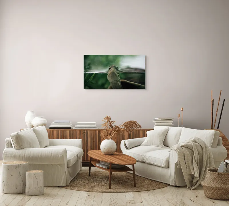 Tablou Canvas, "Privirea curioasă a broaștei țestoase", Achromatic, Curiosity, Serenity, Tranquility, Observation, Nature, Reflection, 90 x 50 cm – poza 4
