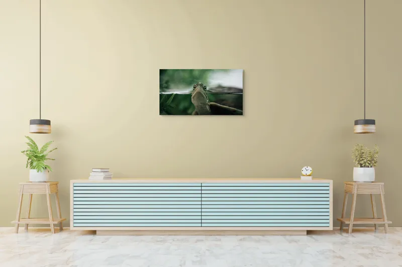 Tablou Canvas, "Privirea curioasă a broaștei țestoase", Achromatic, Curiosity, Serenity, Tranquility, Observation, Nature, Reflection, 90 x 50 cm – poza 5