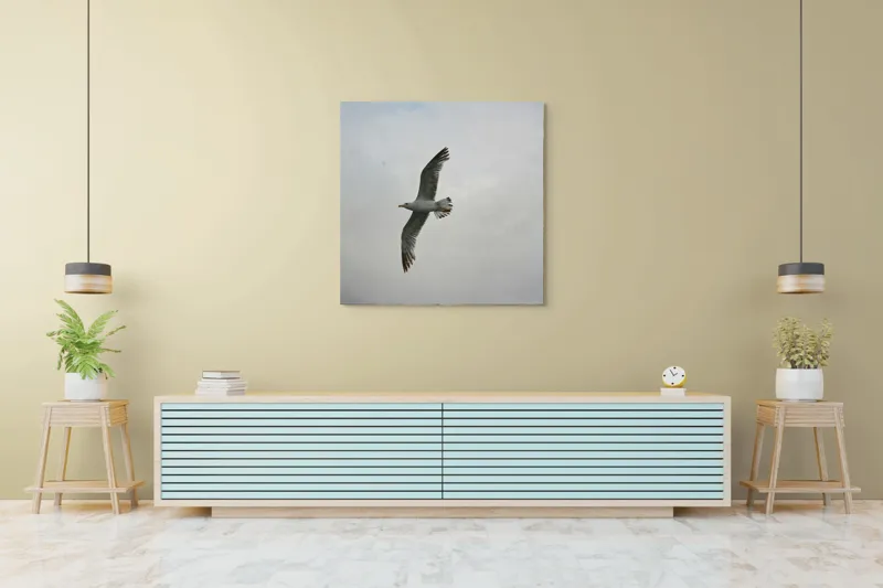 Tablou Canvas, "Zborul liniștit al pescărușului alb", Pescăruș, Cer, Zbor, Aripi, Libertate, Nor, Natură, Liniște, 100 x 100 cm – poza 5