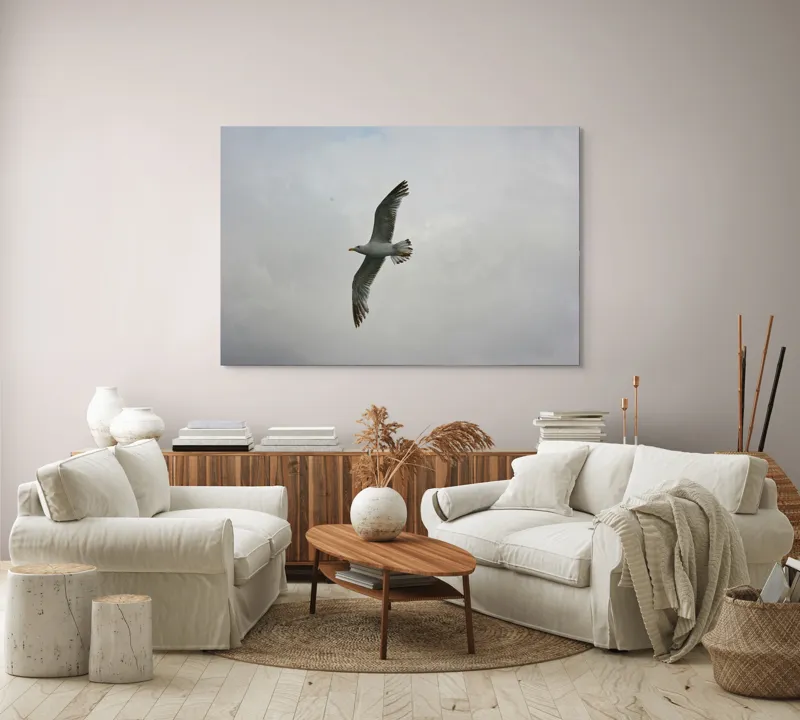 Tablou Canvas, "Zborul liniștit al pescărușului alb", Pescăruș, Cer, Zbor, Aripi, Libertate, Nor, Natură, Liniște, 150 x 100 cm – poza 3
