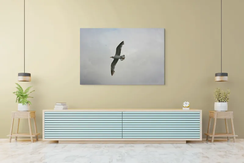 Tablou Canvas, "Zborul liniștit al pescărușului alb", Pescăruș, Cer, Zbor, Aripi, Libertate, Nor, Natură, Liniște, 150 x 100 cm – poza 6