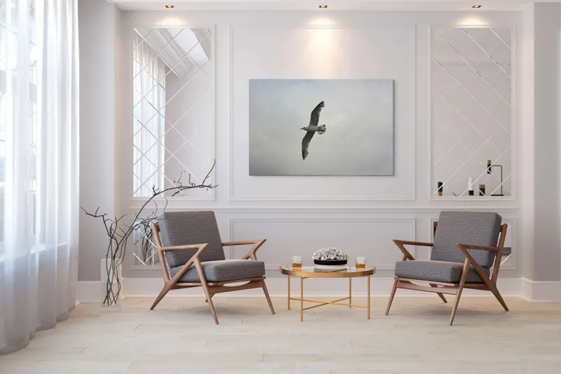 Tablou Canvas, "Zborul liniștit al pescărușului alb", Pescăruș, Cer, Zbor, Aripi, Libertate, Nor, Natură, Liniște, 150 x 100 cm – poza 7