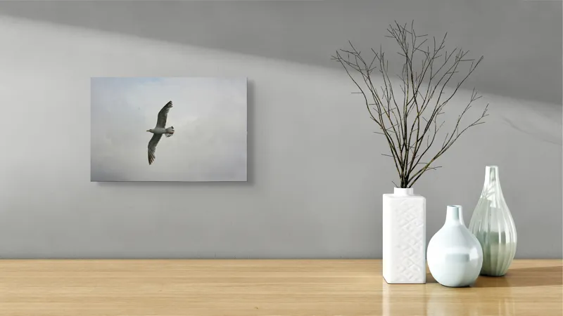 Tablou Canvas, "Zborul liniștit al pescărușului alb", Pescăruș, Cer, Zbor, Aripi, Libertate, Nor, Natură, Liniște, 39 x 26 cm – poza 8