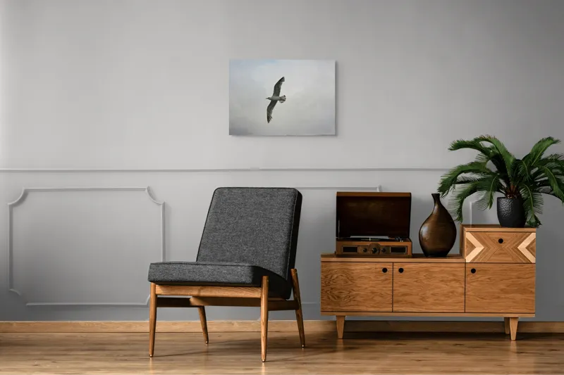 Tablou Canvas, "Zborul liniștit al pescărușului alb", Pescăruș, Cer, Zbor, Aripi, Libertate, Nor, Natură, Liniște, 70 x 50 cm – poza 4