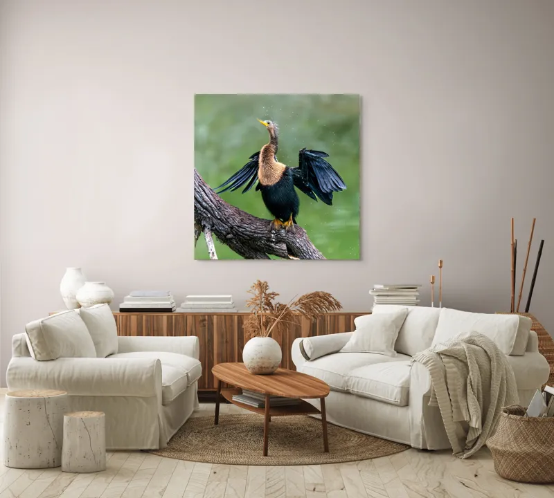 Tablou Canvas, "Cormoranul scuturându-se după ploaie", Pasăre, Aripi, Apă, Trunchi, Verde, Penaj, Textură, Natură., 100 x 100 cm – poza 3