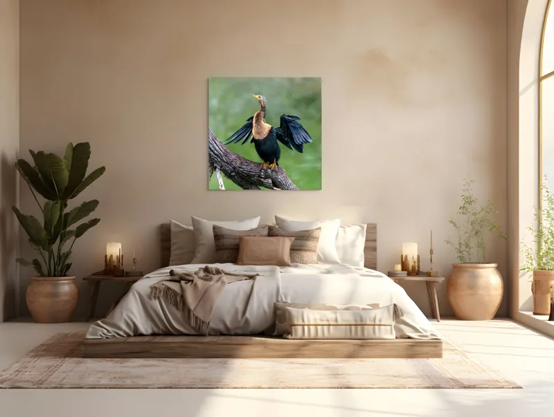 Tablou Canvas, "Cormoranul scuturându-se după ploaie", Pasăre, Aripi, Apă, Trunchi, Verde, Penaj, Textură, Natură., 100 x 100 cm – poza 4