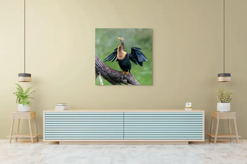Tablou Canvas, "Cormoranul scuturându-se după ploaie", Pasăre, Aripi, Apă, Trunchi, Verde, Penaj, Textură, Natură., 100 x 100 cm – poza 5