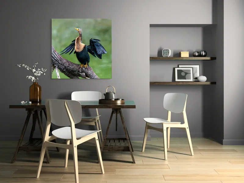 Tablou Canvas, "Cormoranul scuturându-se după ploaie", Pasăre, Aripi, Apă, Trunchi, Verde, Penaj, Textură, Natură., 100 x 100 cm – poza 6