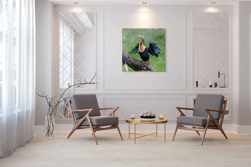 Tablou Canvas, "Cormoranul scuturându-se după ploaie", Pasăre, Aripi, Apă, Trunchi, Verde, Penaj, Textură, Natură., 100 x 100 cm – poza 7