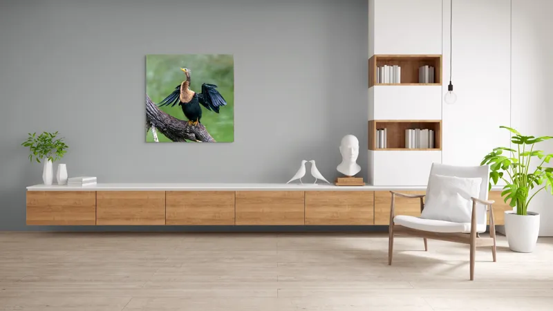 Tablou Canvas, "Cormoranul scuturându-se după ploaie", Pasăre, Aripi, Apă, Trunchi, Verde, Penaj, Textură, Natură., 100 x 100 cm – poza 8