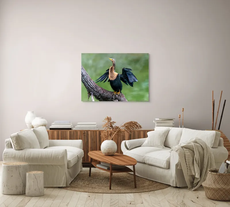 Tablou Canvas, "Cormoranul scuturându-se după ploaie", Pasăre, Aripi, Apă, Trunchi, Verde, Penaj, Textură, Natură., 100 x 70 cm – poza 3