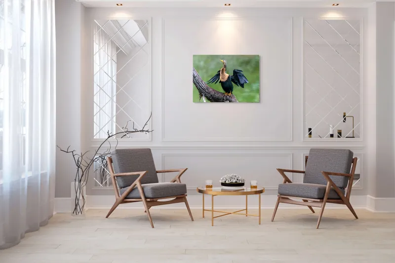 Tablou Canvas, "Cormoranul scuturându-se după ploaie", Pasăre, Aripi, Apă, Trunchi, Verde, Penaj, Textură, Natură., 100 x 70 cm – poza 5