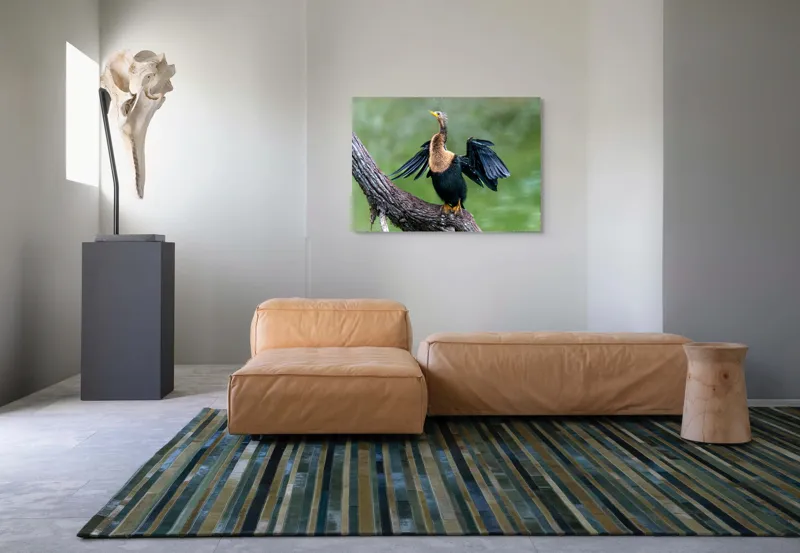 Tablou Canvas, "Cormoranul scuturându-se după ploaie", Pasăre, Aripi, Apă, Trunchi, Verde, Penaj, Textură, Natură., 100 x 70 cm – poza 7
