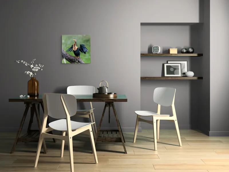 Tablou Canvas, "Cormoranul scuturându-se după ploaie", Pasăre, Aripi, Apă, Trunchi, Verde, Penaj, Textură, Natură., 50 x 50 cm – poza 8