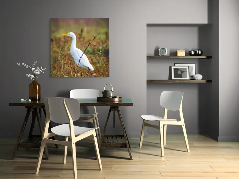 Tablou Canvas, "Egreta în câmpul ruginiu de toamnă", Pene, Eleganță, Natură, Solitar, Observare, Serenitate, Claritate, Liniște, 100 x 100 cm – poza 6