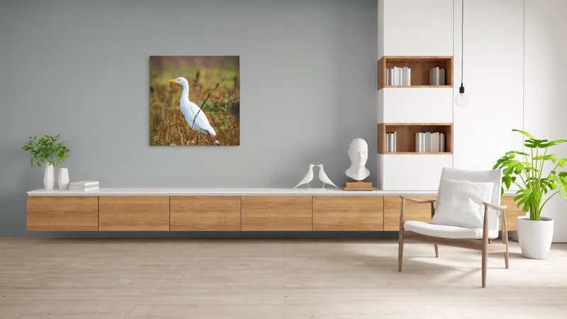 Tablou Canvas, "Egreta în câmpul ruginiu de toamnă", Pene, Eleganță, Natură, Solitar, Observare, Serenitate, Claritate, Liniște, 100 x 100 cm – poza 8