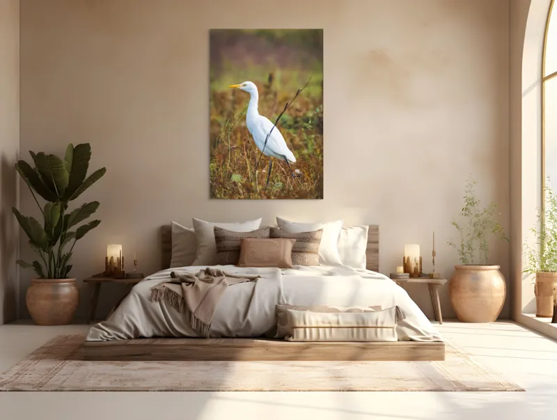 Tablou Canvas, "Egreta în câmpul ruginiu de toamnă", Pene, Eleganță, Natură, Solitar, Observare, Serenitate, Claritate, Liniște, 100 x 150 cm – poza 3