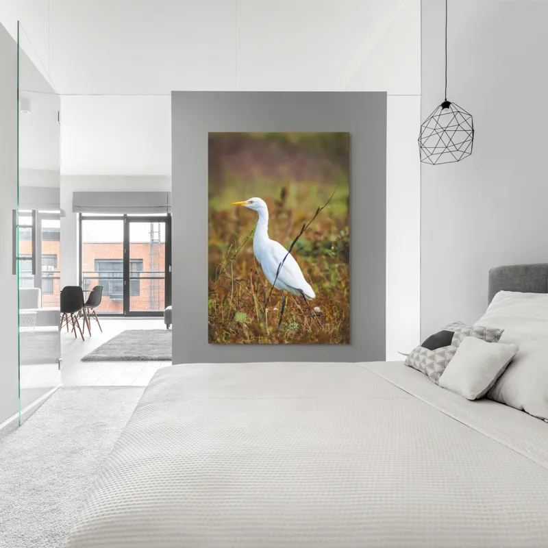 Tablou Canvas, "Egreta în câmpul ruginiu de toamnă", Pene, Eleganță, Natură, Solitar, Observare, Serenitate, Claritate, Liniște, 100 x 150 cm – poza 5