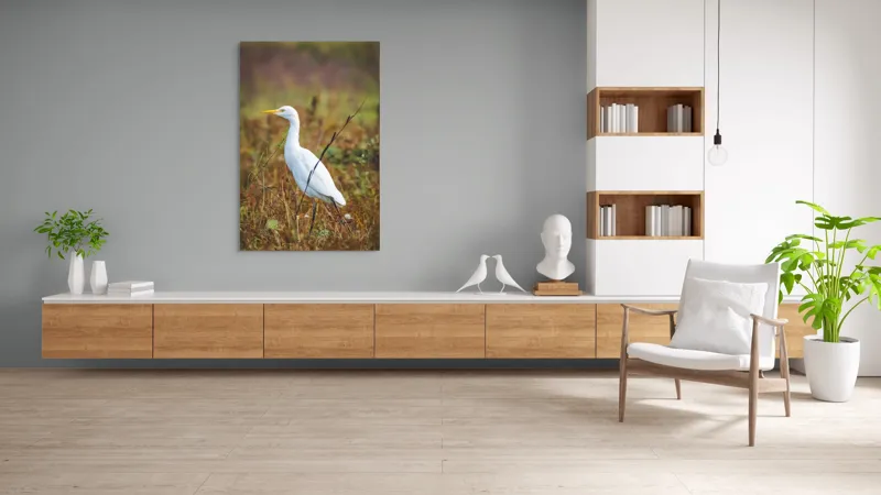 Tablou Canvas, "Egreta în câmpul ruginiu de toamnă", Pene, Eleganță, Natură, Solitar, Observare, Serenitate, Claritate, Liniște, 100 x 150 cm – poza 8