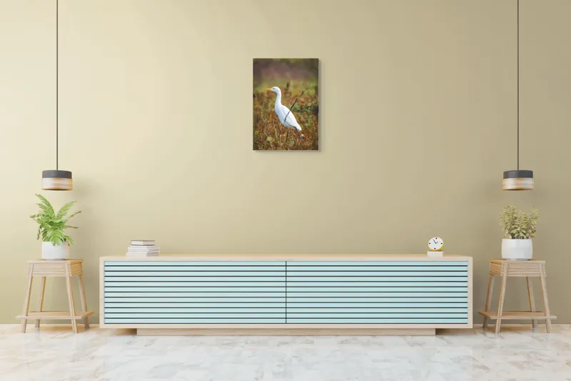 Tablou Canvas, "Egreta în câmpul ruginiu de toamnă", Pene, Eleganță, Natură, Solitar, Observare, Serenitate, Claritate, Liniște, 50 x 70 cm – poza 6