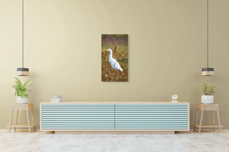 Tablou Canvas, "Egreta în câmpul ruginiu de toamnă", Pene, Eleganță, Natură, Solitar, Observare, Serenitate, Claritate, Liniște, 50 x 90 cm – poza 6