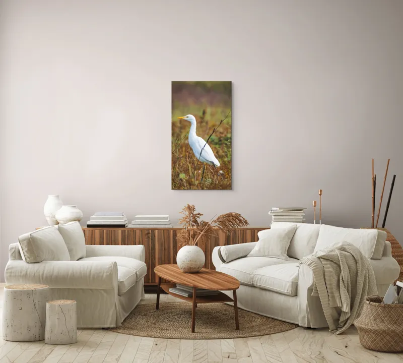 Tablou Canvas, "Egreta în câmpul ruginiu de toamnă", Pene, Eleganță, Natură, Solitar, Observare, Serenitate, Claritate, Liniște, 50 x 90 cm – poza 7