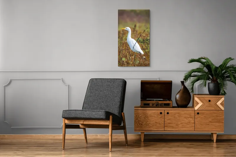 Tablou Canvas, "Egreta în câmpul ruginiu de toamnă", Pene, Eleganță, Natură, Solitar, Observare, Serenitate, Claritate, Liniște, 50 x 90 cm – poza 8