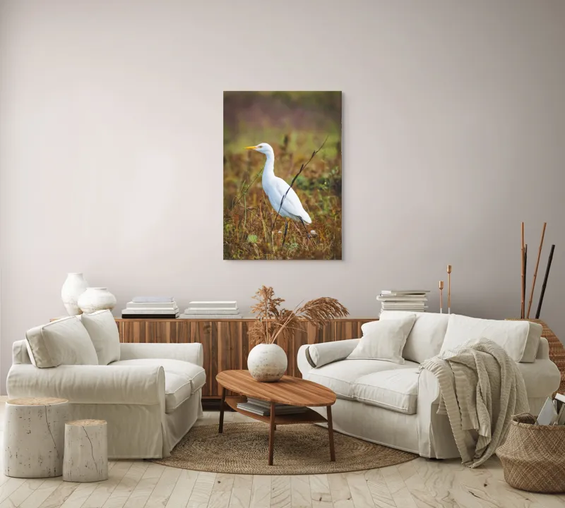 Tablou Canvas, "Egreta în câmpul ruginiu de toamnă", Pene, Eleganță, Natură, Solitar, Observare, Serenitate, Claritate, Liniște, 70 x 100 cm – poza 4