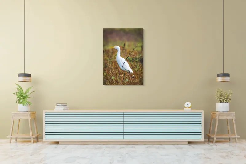 Tablou Canvas, "Egreta în câmpul ruginiu de toamnă", Pene, Eleganță, Natură, Solitar, Observare, Serenitate, Claritate, Liniște, 70 x 100 cm – poza 5