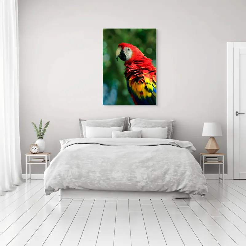 Tablou Canvas, "Papagalul curcubeu în pădurea tropicală", Colorat, Papagal, Roșu, Verde, Penaj, Natură, Exotism, Frumusețe, 70 x 100 cm – poza 3