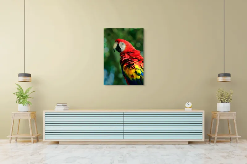Tablou Canvas, "Papagalul curcubeu în pădurea tropicală", Colorat, Papagal, Roșu, Verde, Penaj, Natură, Exotism, Frumusețe, 70 x 100 cm – poza 5