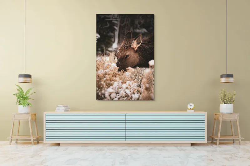Tablou Canvas, "Iarna și liniștea căprioarei păscând", Urs, Zăpadă, Blană, Natură, Iarnă, Nas, Plante, Frig, Linie, Ochi, Colorat, Peisaj, Liniște, Studio, Frumusețe, Atingere, 100 x 150 cm – poza 4