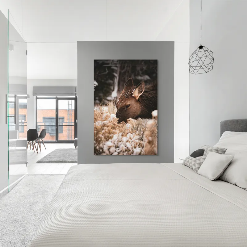 Tablou Canvas, "Iarna și liniștea căprioarei păscând", Urs, Zăpadă, Blană, Natură, Iarnă, Nas, Plante, Frig, Linie, Ochi, Colorat, Peisaj, Liniște, Studio, Frumusețe, Atingere, 100 x 150 cm – poza 5
