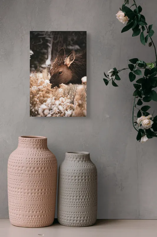 Tablou Canvas, "Iarna și liniștea căprioarei păscând", Urs, Zăpadă, Blană, Natură, Iarnă, Nas, Plante, Frig, Linie, Ochi, Colorat, Peisaj, Liniște, Studio, Frumusețe, Atingere, 26 x 39 cm – poza 6