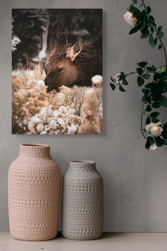 Tablou Canvas, "Iarna și liniștea căprioarei păscând", Urs, Zăpadă, Blană, Natură, Iarnă, Nas, Plante, Frig, Linie, Ochi, Colorat, Peisaj, Liniște, Studio, Frumusețe, Atingere, 39 x 54 cm – poza 6