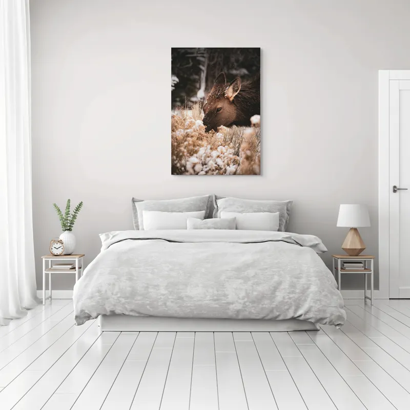 Tablou Canvas, "Iarna și liniștea căprioarei păscând", Urs, Zăpadă, Blană, Natură, Iarnă, Nas, Plante, Frig, Linie, Ochi, Colorat, Peisaj, Liniște, Studio, Frumusețe, Atingere, 70 x 100 cm – poza 3