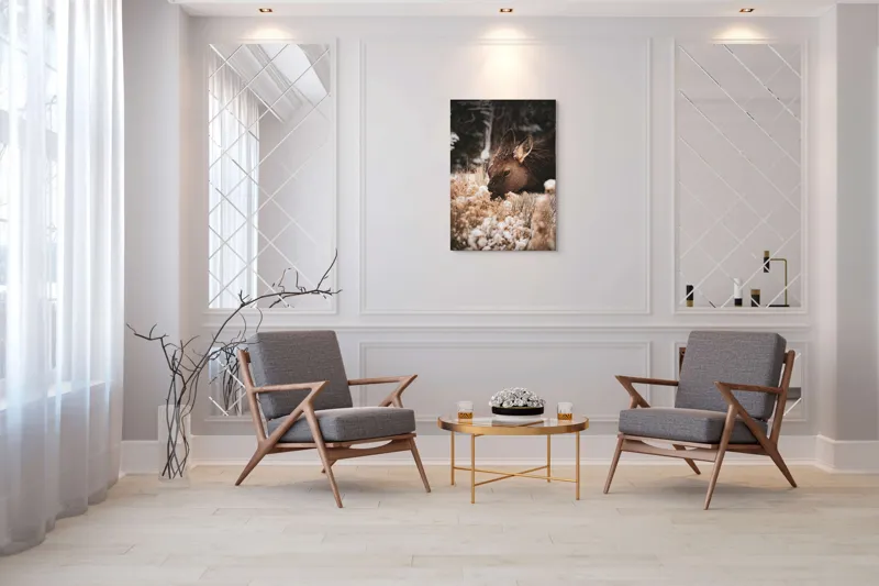 Tablou Canvas, "Iarna și liniștea căprioarei păscând", Urs, Zăpadă, Blană, Natură, Iarnă, Nas, Plante, Frig, Linie, Ochi, Colorat, Peisaj, Liniște, Studio, Frumusețe, Atingere, 70 x 100 cm – poza 8