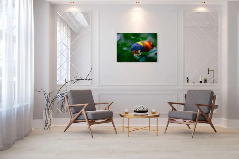 Tablou Canvas, "Papagal colorat printre frunze verzi", Colorat, Exuberant, Păsărească, Natură, Verdeață, Floră, Strălucire, Vivacitate, Junglă, Zvelt., 100 x 70 cm – poza 5