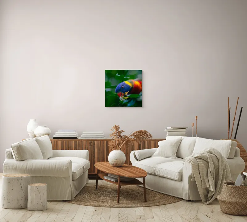 Tablou Canvas, "Papagal colorat printre frunze verzi", Colorat, Exuberant, Păsărească, Natură, Verdeață, Floră, Strălucire, Vivacitate, Junglă, Zvelt., 50 x 50 cm – poza 7
