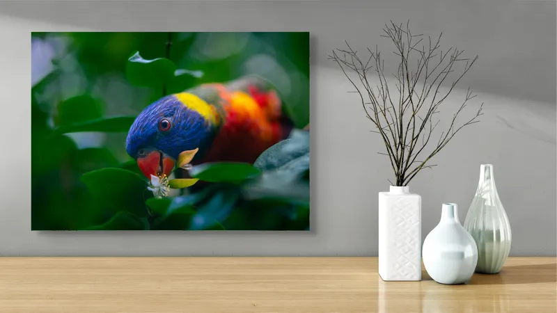 Tablou Canvas, "Papagal colorat printre frunze verzi", Colorat, Exuberant, Păsărească, Natură, Verdeață, Floră, Strălucire, Vivacitate, Junglă, Zvelt., 70 x 50 cm – poza 3