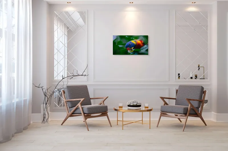 Tablou Canvas, "Papagal colorat printre frunze verzi", Colorat, Exuberant, Păsărească, Natură, Verdeață, Floră, Strălucire, Vivacitate, Junglă, Zvelt., 90 x 50 cm – poza 7