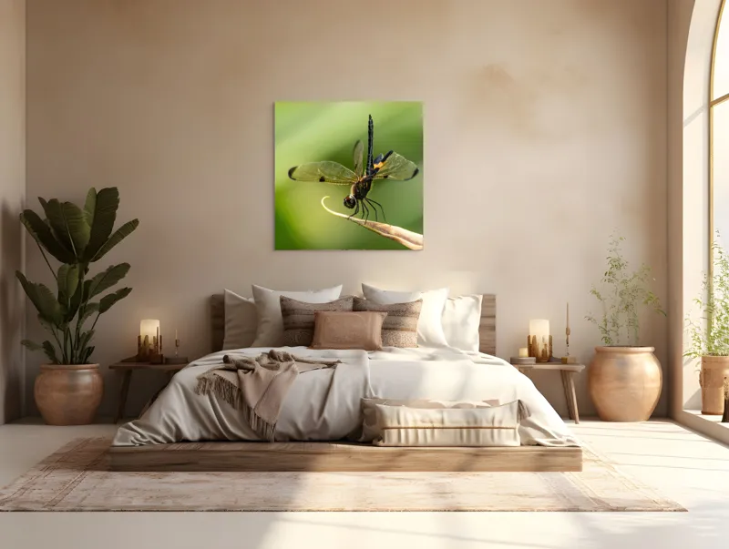 Tablou Canvas, "Libelula în echilibru pe vârfuri verzi", Libelulă, Grațioasă, Natură, Aripi, Lumină, Verde, Delicat, Fragil, Fotografie, Detaliu, 100 x 100 cm – poza 4