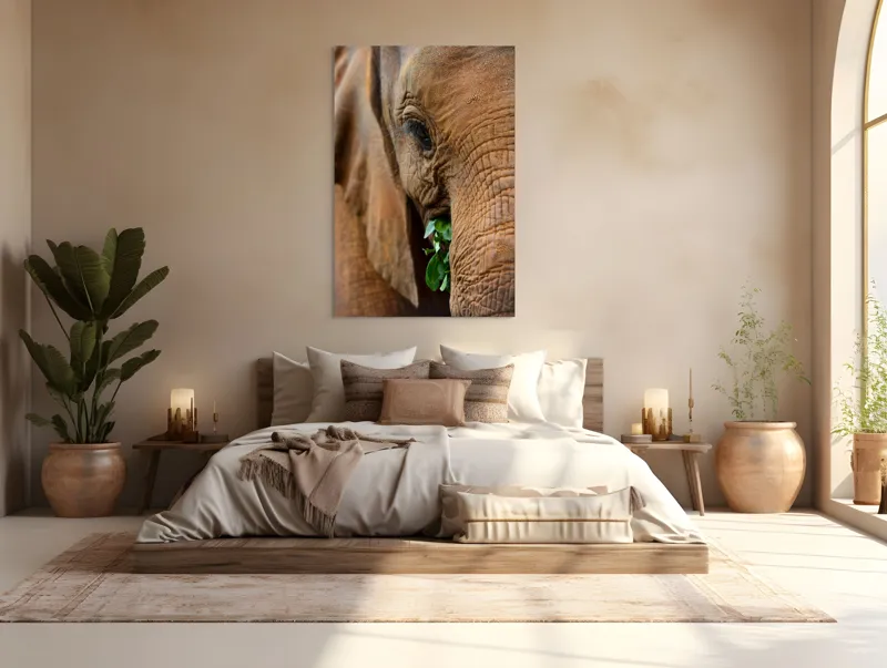 Tablou Canvas, "Elefant savurând frunze verzi proaspete", Elefant, Frunze, Privire, Piele, Textura, Apropiere, Detaliu, Vegetatie, 100 x 150 cm – poza 3